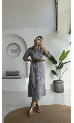 Edith Çizgili Kemerli Gömlek Elbise - Lacivert - 0411