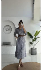 Edith Çizgili Kemerli Gömlek Elbise - Lacivert - 0411