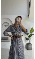Edith Çizgili Kemerli Gömlek Elbise - Lacivert - 0411