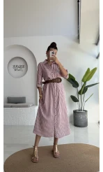Edith Çizgili Kemerli Gömlek Elbise - Pembe - 0411