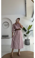 Edith Çizgili Kemerli Gömlek Elbise - Pembe - 0411