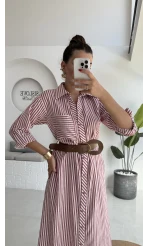 Edith Çizgili Kemerli Gömlek Elbise - Pembe - 0411