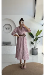 Edith Çizgili Kemerli Gömlek Elbise - Pembe - 0411