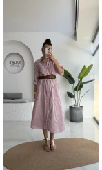 Edith Çizgili Kemerli Gömlek Elbise - Pembe - 0411