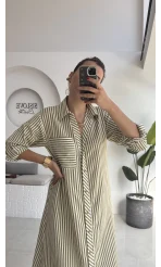Edith Çizgili Kemerli Gömlek Elbise - Yeşil - 0411