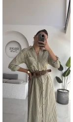 Edith Çizgili Kemerli Gömlek Elbise - Yeşil - 0411