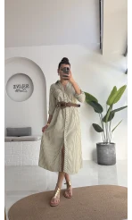 Edith Çizgili Kemerli Gömlek Elbise - Yeşil - 0411