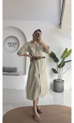 Edith Çizgili Kemerli Gömlek Elbise - Yeşil - 0411