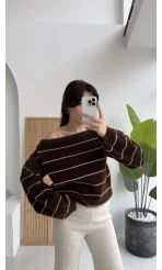 Edwin Kayık Yaka Yumoş Çizgili Kazak - Acı Kahve