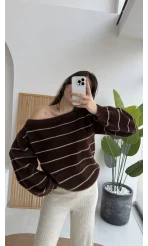 Edwin Kayık Yaka Yumoş Çizgili Kazak - Acı Kahve