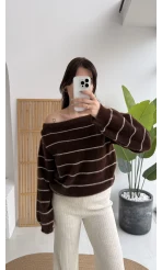 Edwin Kayık Yaka Yumoş Çizgili Kazak - Acı Kahve