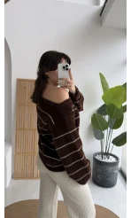 Edwin Kayık Yaka Yumoş Çizgili Kazak - Acı Kahve