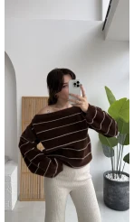 Edwin Kayık Yaka Yumoş Çizgili Kazak - Acı Kahve