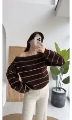 Edwin Kayık Yaka Yumoş Çizgili Kazak - Acı Kahve