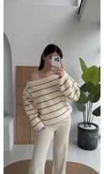 Edwin Kayık Yaka Yumoş Çizgili Kazak - Ekru