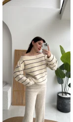 Edwin Kayık Yaka Yumoş Çizgili Kazak - Ekru