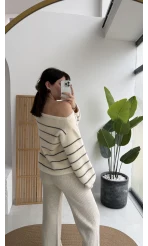 Edwin Kayık Yaka Yumoş Çizgili Kazak - Ekru