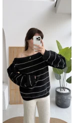 Edwin Kayık Yaka Yumoş Çizgili Kazak - Siyah