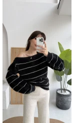 Edwin Kayık Yaka Yumoş Çizgili Kazak - Siyah