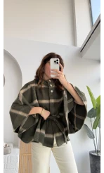 Ekose Desenli Bağlamalı Panço - Haki