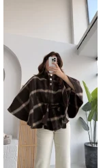 Ekose Desenli Bağlamalı Panço - Kahverengi