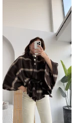 Ekose Desenli Bağlamalı Panço - Kahverengi