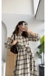 Ekose Desenli Kuşaklı Kloş Elbise - Bej - Kod:26502