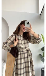 Ekose Desenli Kuşaklı Kloş Elbise - Bej - Kod:26502