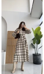 Ekose Desenli Kuşaklı Kloş Elbise - Bej - Kod:26502