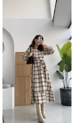 Ekose Desenli Kuşaklı Kloş Elbise - Bej - Kod:26502