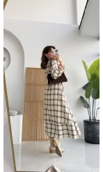 Ekose Desenli Kuşaklı Kloş Elbise - Bej - Kod:26502