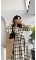 Ekose Desenli Kuşaklı Kloş Elbise - Bej - Kod:26502