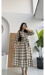 Ekose Desenli Kuşaklı Kloş Elbise - Bej - Kod:26502