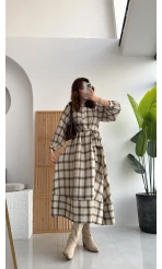 Ekose Desenli Kuşaklı Kloş Elbise - Bej - Kod:26502