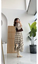 Ekose Desenli Kuşaklı Kloş Elbise - Bej - Kod:26502