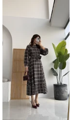 Ekose Desenli Kuşaklı Kloş Elbise - Kahverengi - Kod:26502