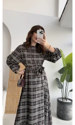 Ekose Desenli Kuşaklı Kloş Elbise - Kahverengi - Kod:26502