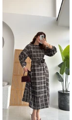 Ekose Desenli Kuşaklı Kloş Elbise - Kahverengi - Kod:26502