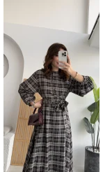 Ekose Desenli Kuşaklı Kloş Elbise - Kahverengi - Kod:26502