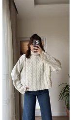 Ekru Balıkçı Yaka Örme Triko Kazak