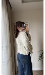 Ekru Balıkçı Yaka Örme Triko Kazak