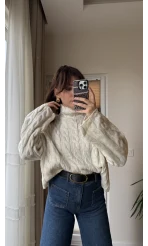 Ekru Balıkçı Yaka Örme Triko Kazak