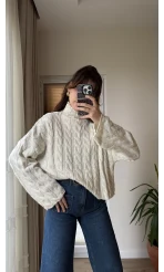 Ekru Balıkçı Yaka Örme Triko Kazak