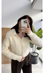 Ekru İnci İşlemeli Yumoş Hırka - Kod: 26861