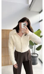 Ekru İnci İşlemeli Yumoş Hırka - Kod: 26861