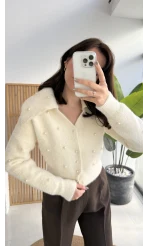 Ekru İnci İşlemeli Yumoş Hırka - Kod: 26861