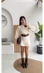 Ekru Mini Etek Hırka Takım