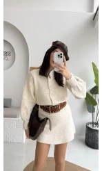 Ekru Mini Etek Hırka Takım