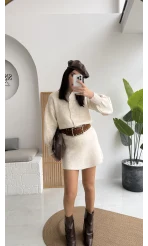 Ekru Mini Etek Hırka Takım