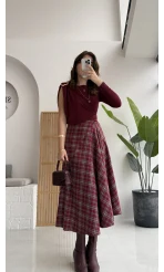 Eliza Asimetrik Kesim Ekose Desenli Etek - Bordo